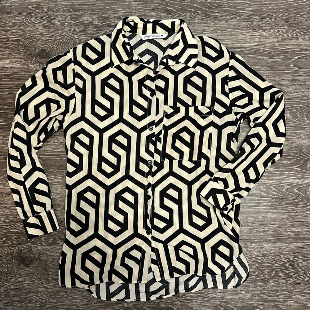 Tan and black abstract design button up. Sheer fabric